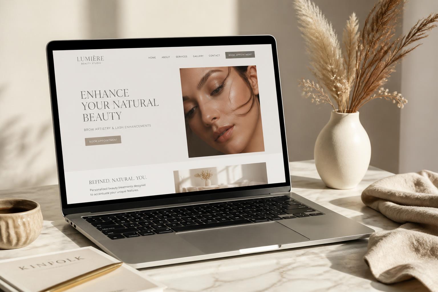 Laptop showing a beautifully designed small-business website on a marble desk